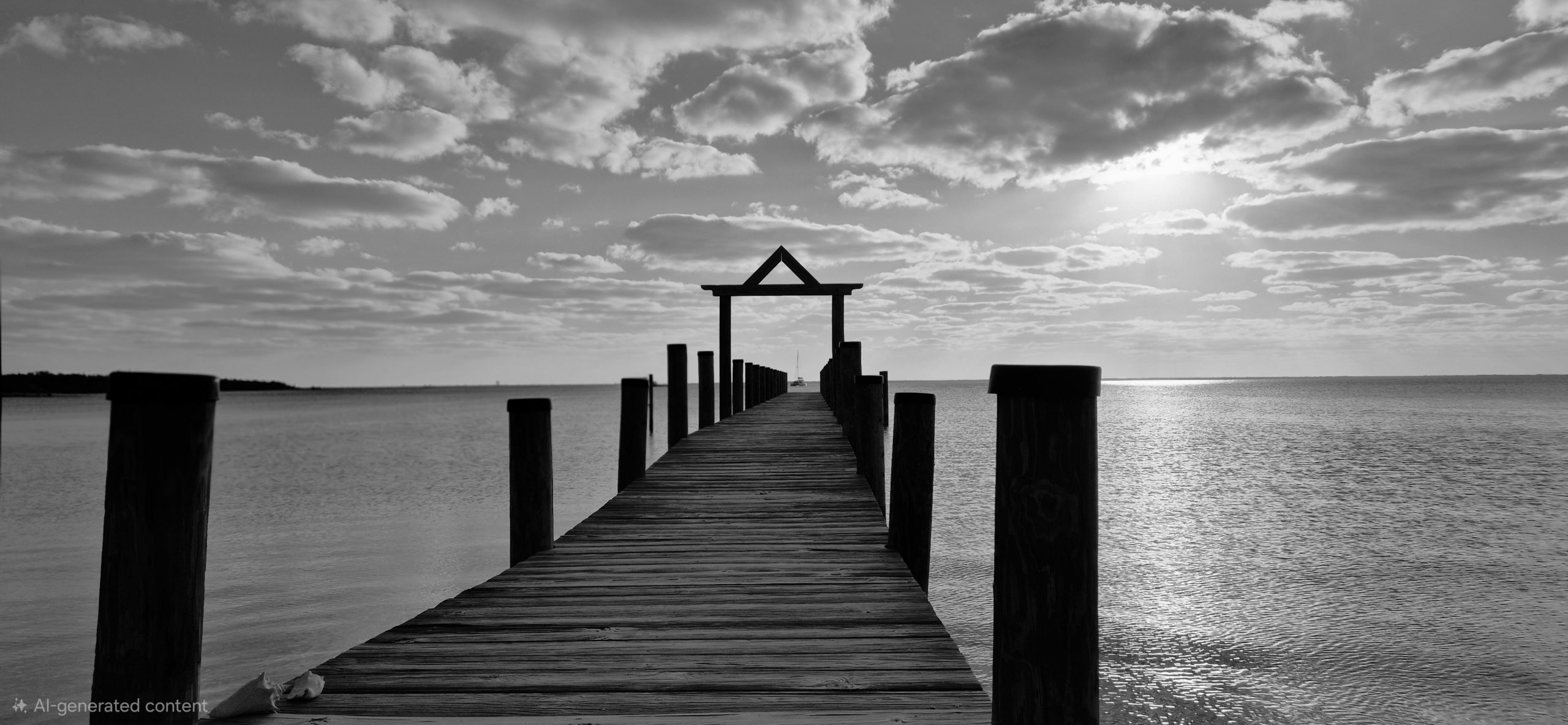 Jetty leading to an archway at the end. There is a catamaran boat in the centre of the archway and there is sea all around. The sunset is reflected in the water